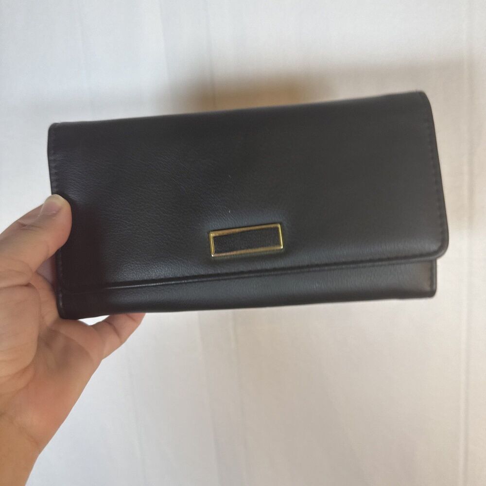 Unbranded Travel Large Trifold Leather Wallet - Black Preowned